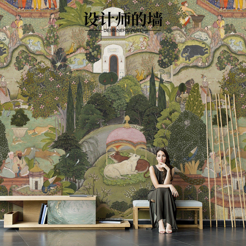 手绘宫廷壁纸印度覆古墙布中古风壁画卧室背景墙纸电视墙定制壁布