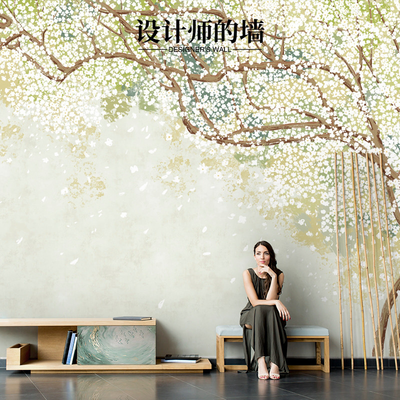 现代春意盎然树花壁纸客厅沙发电视机背景墙壁纸卧室装饰定制壁画