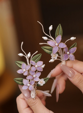 古风紫色缠花花朵发夹汉服头饰品