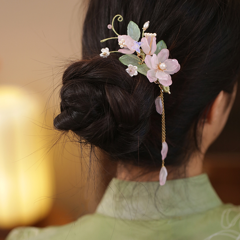 粉色琉璃花朵中式汉服旗袍头饰品