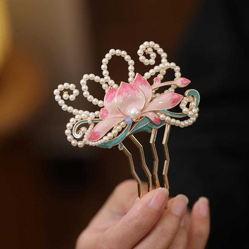 古风粉色荷花烧蓝簪子汉服头饰品