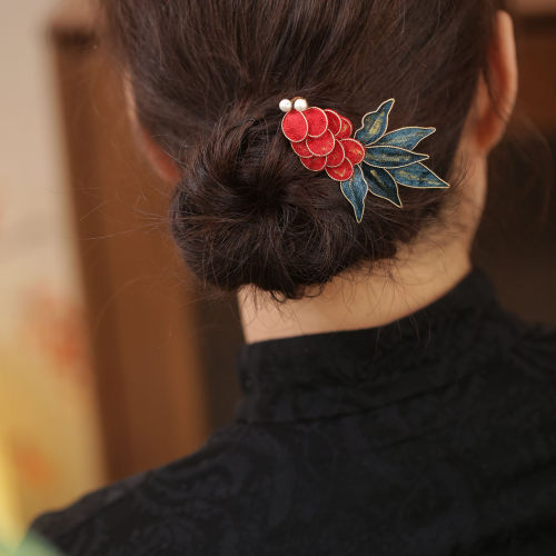 红色小鱼仿绒花掐丝发夹秀禾头饰