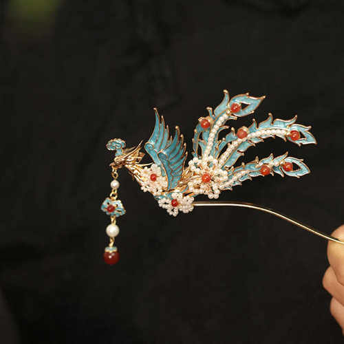 古风凤凰烧蓝步摇发簪高端发饰品