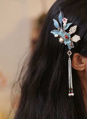 半扎发头饰高级感烧蓝荷花朵发夹蓝色流苏边夹古风冬季发卡子汉服