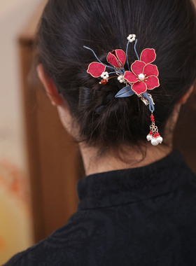 中式缠花花朵红色发夹旗袍发饰品