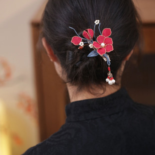 中式女士发夹红色侧边边夹流苏掐丝花朵发卡女孩新娘头饰结婚秀禾