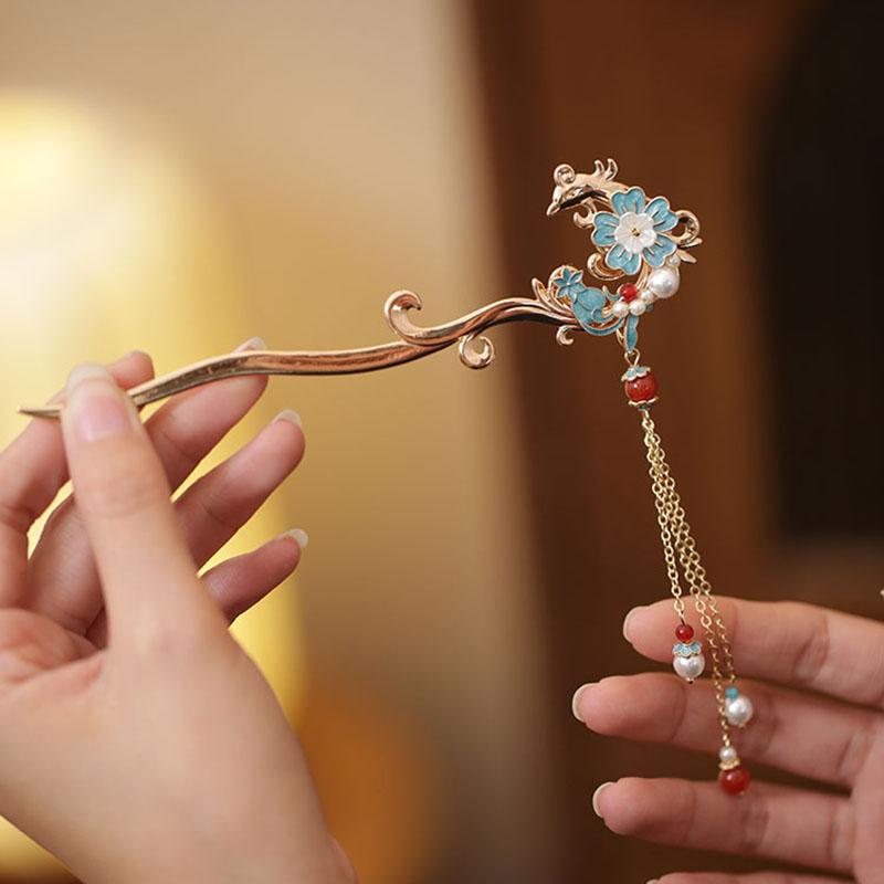 新中式凤凰烧蓝发簪秀禾服头饰品