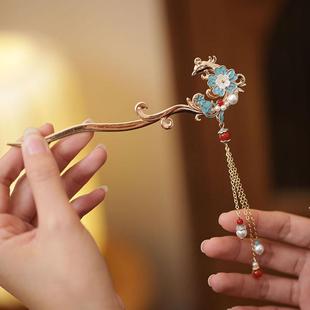 凤凰发簪古风仙气结婚中式簪子步摇流苏烧蓝发钗旗袍发饰汉服头饰