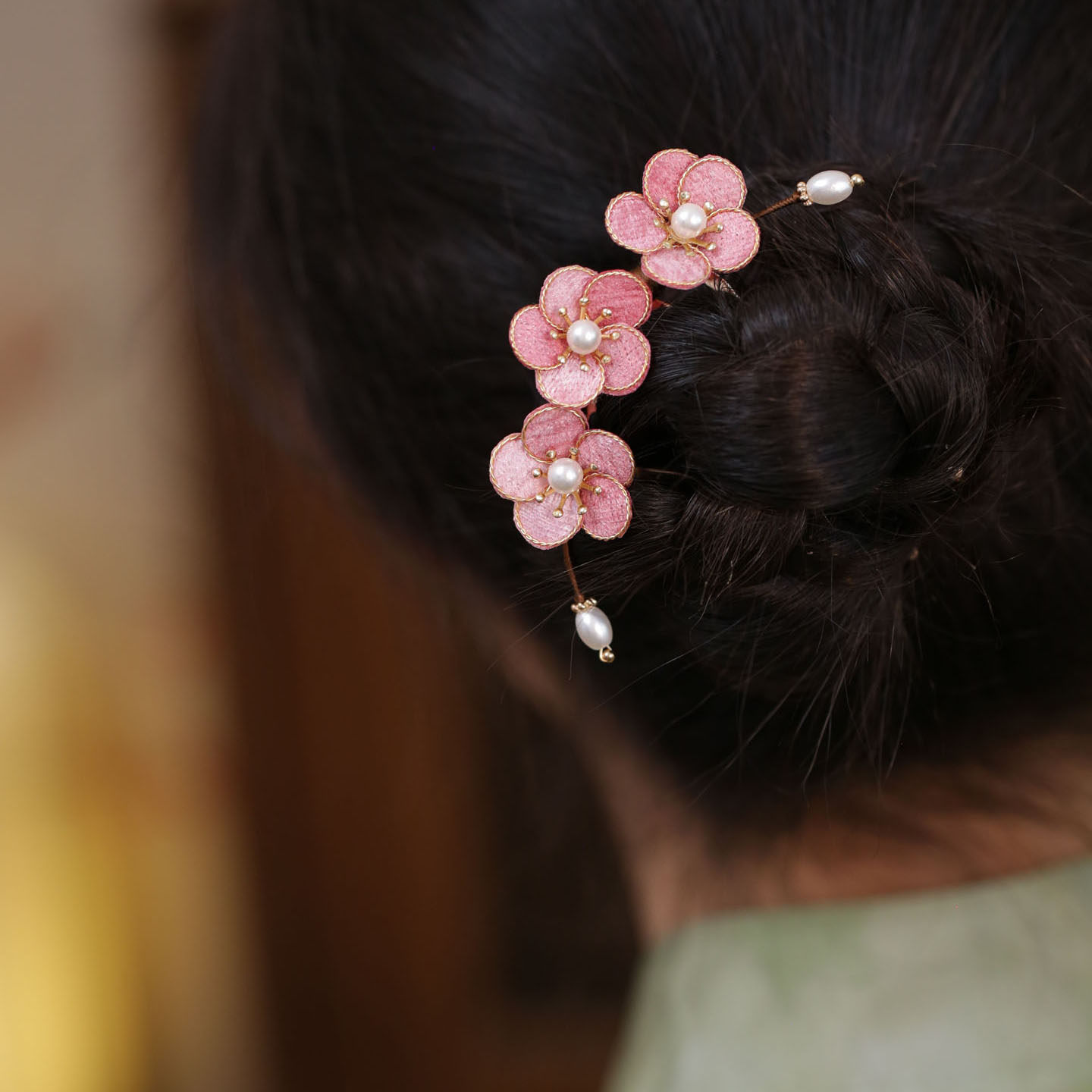 四齿插梳短桃花发簪古风女童头钗簪子简单大气汉服很仙的头饰粉色