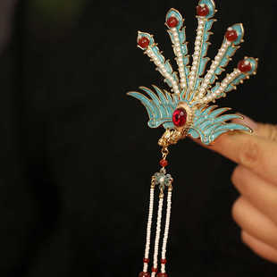 凤凰汉服发冠流苏红色发簪结婚风冠烧蓝头顶发饰宋制古风头饰女童