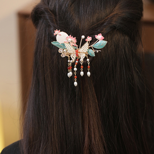 粉色蝴蝶发夹女童国风烧蓝耳边夹女士气质发卡后脑勺半扎汉服发饰