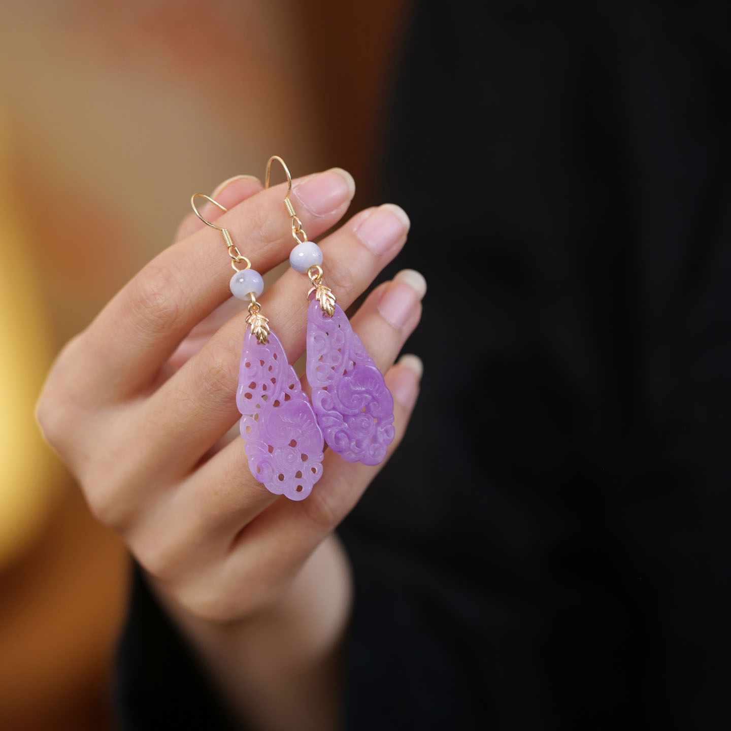 新中式紫色翡翠耳环镂空祥云耳饰