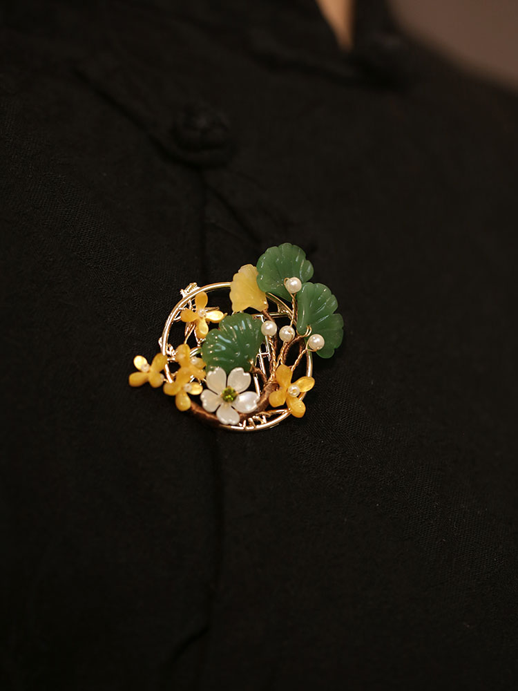 池鸢新中式银杏叶琉璃旗袍胸针女