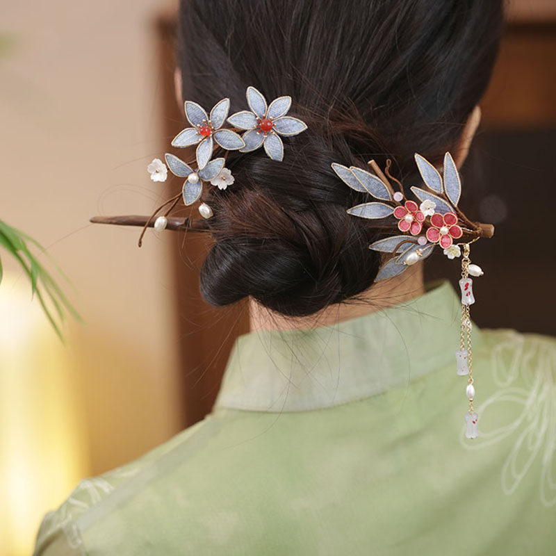 步摇国风发簪古风仙气蓝色竹叶掐丝女士盘发簪子旗袍木簪汉服头饰