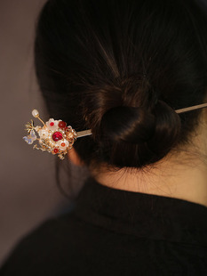 红色发簪结婚新中式国风发髻簪子秋冬儿童古风发钗盘发马面裙头饰