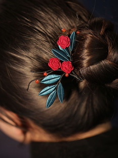 马面裙发簪结婚缠花发髻簪子红色短款四齿发梳插梳古风丸子头发饰