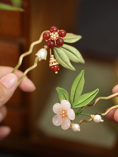 绿色缠花发簪短簪发髻簪子子女古风u形发钗小汉服穿旗袍配的发饰