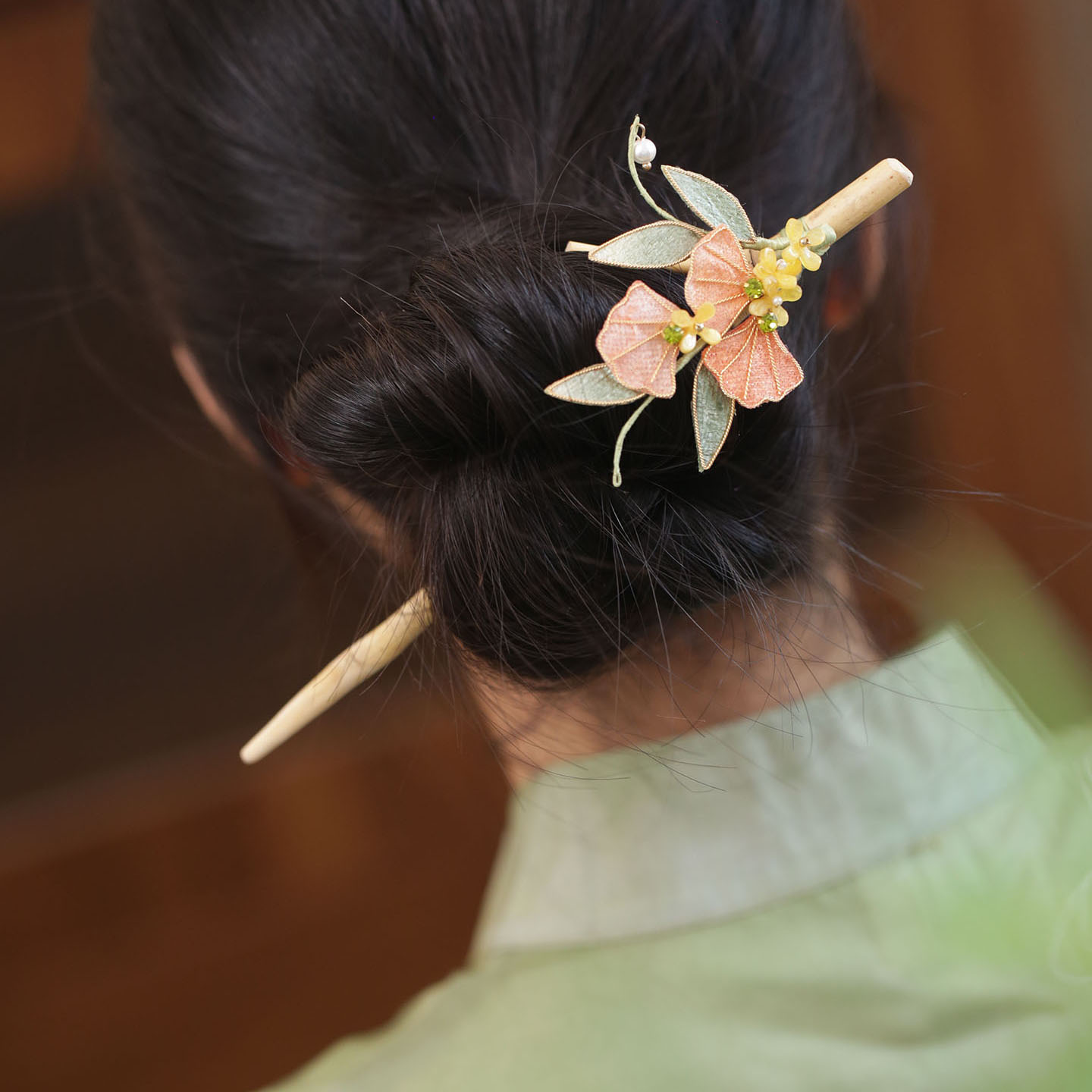 木头簪子古风掐丝银杏叶旗袍头饰