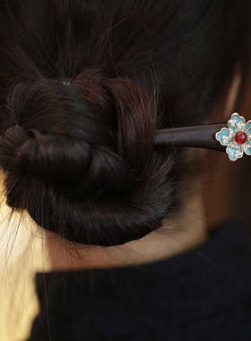 烧蓝花朵发簪日常通勤中式发饰低马尾国风簪子檀木簪汉服后压头饰