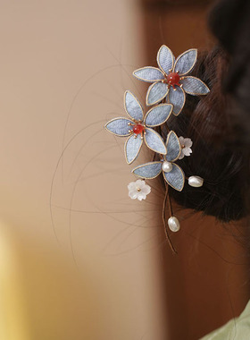 手工掐丝花朵新中式清冷簪子发髻u形发簪丸子头汉服蓝色发钗插梳