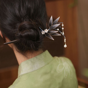 非遗绒花发簪配旗袍低丸子头发饰水墨风竹叶发钗女士盘发簪子檀木