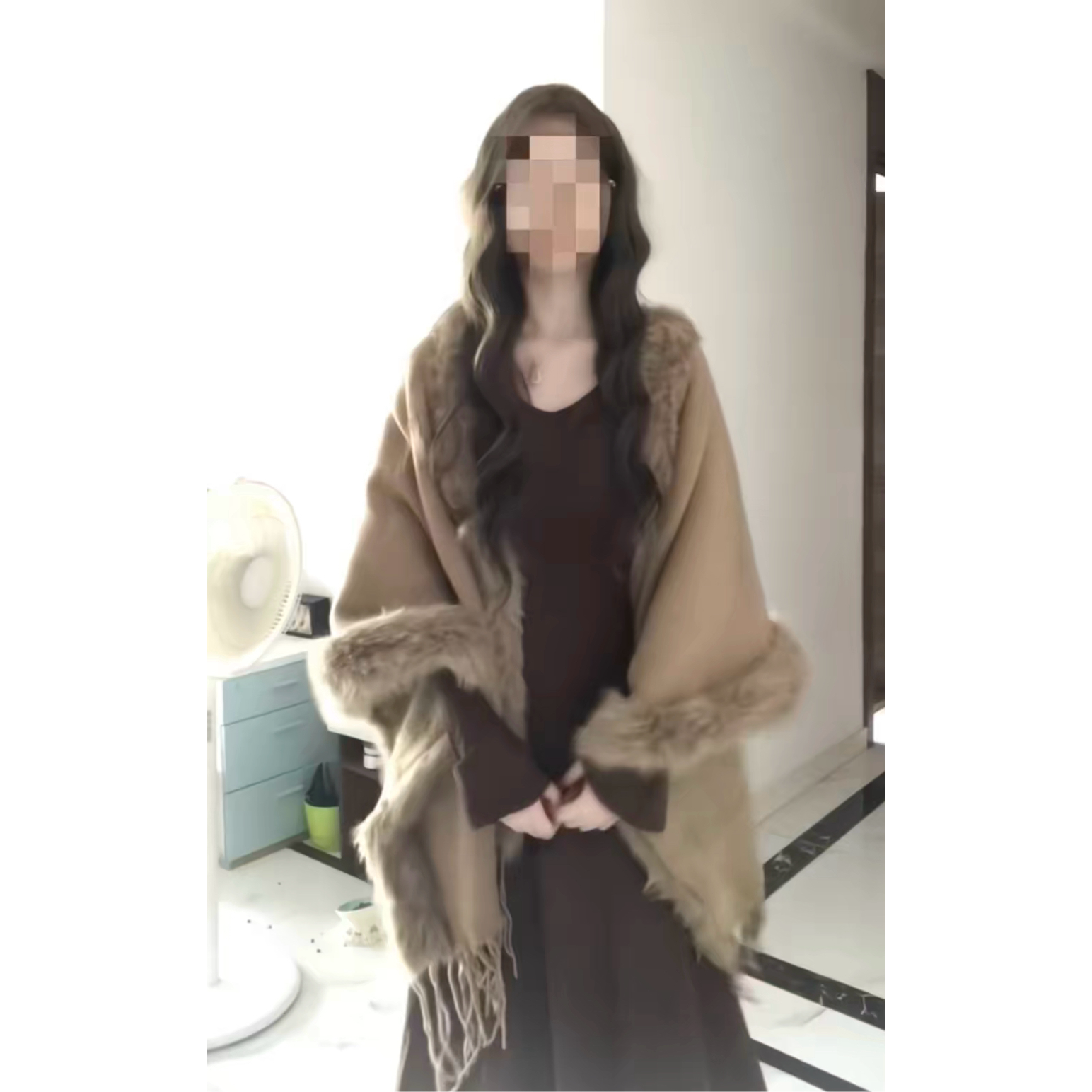 温柔风V领开衫女毛针织衫披肩型中长款流苏保暖上衣