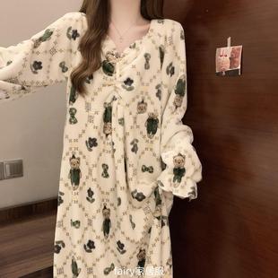 秋冬季慵懒风珊瑚绒宽松大码睡裙带胸垫加厚保暖法兰绒可爱睡衣女