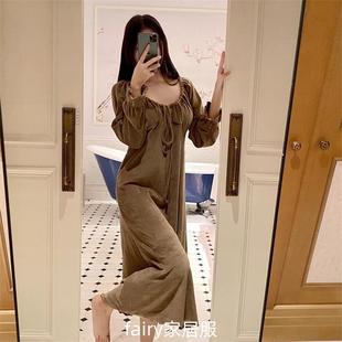 秋冬睡裙女法兰绒带胸垫加长过膝保暖加厚可外穿性感纯欲风连衣裙