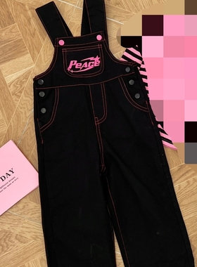 包邮女童牛仔裤女宝宝150码春秋黑色长裤子原旦多扣可调节背带裤