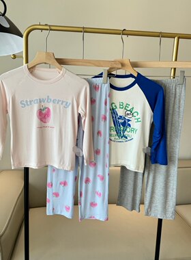 包邮男童女中大童棉质春秋冬长袖T恤+长裤弹力家居服套装130～170