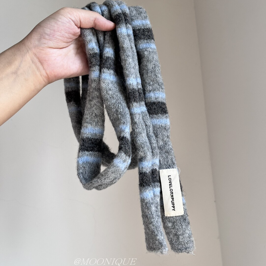 ins风灰蓝条纹窄版卷边针织围巾女韩系新款时髦腊肠细长围脖装饰