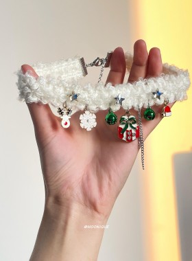 圣诞元素吊坠白色毛绒项链女圣诞氛围感小众锁骨链choker装饰饰品