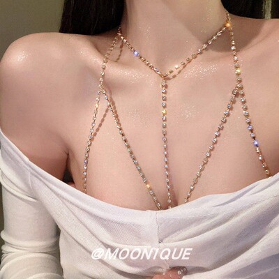 胸链欧美bodychain比基尼bikini锁骨链身体链饰品闪钻性感项链女