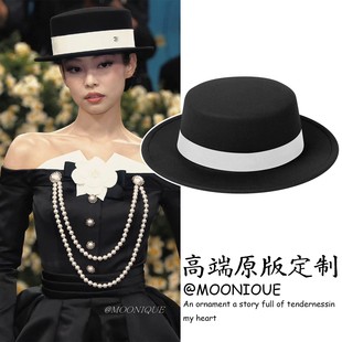 法式 复古英伦风黑色毛呢帽子高级感气质赫本风名媛平顶礼帽盆帽女