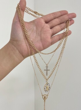 Vintage古着金色镶钻十字架吊坠项链女波西米亚风多层叠戴锁骨链