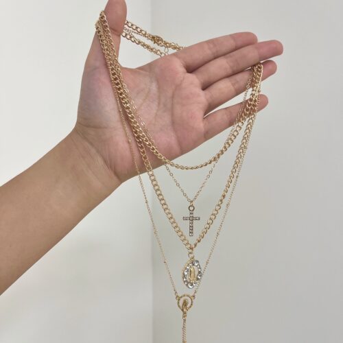 Vintage古着金色镶钻十字架吊坠项链女波西米亚风多层叠戴锁骨链