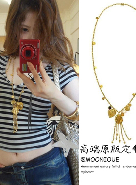 《许愿流星》金色贝壳爱心珍珠项链女复古小众设计流苏长款毛衣链