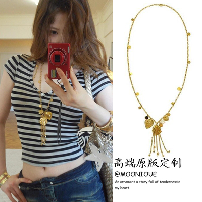 《许愿流星》金色贝壳爱心珍珠项链女复古小众设计流苏长款毛衣链