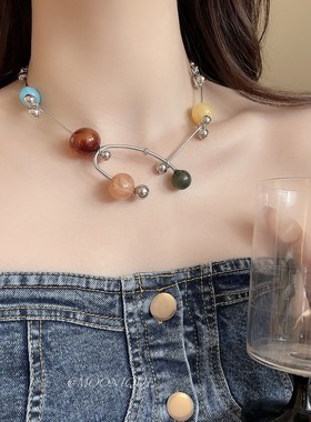 多巴胺彩色交响乐串珠项链女小众个性锁骨链颈链复古轻奢撞色配饰