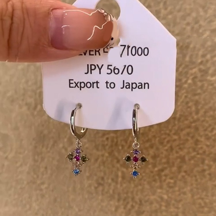 日韩简约彩色闪钻十字架吊坠耳扣小众设计高级感轻奢精致耳环耳饰