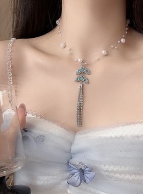 璀璨星河双层叠戴珍珠闪钻鱼尾流苏项链女轻奢甜美气质百搭锁骨链