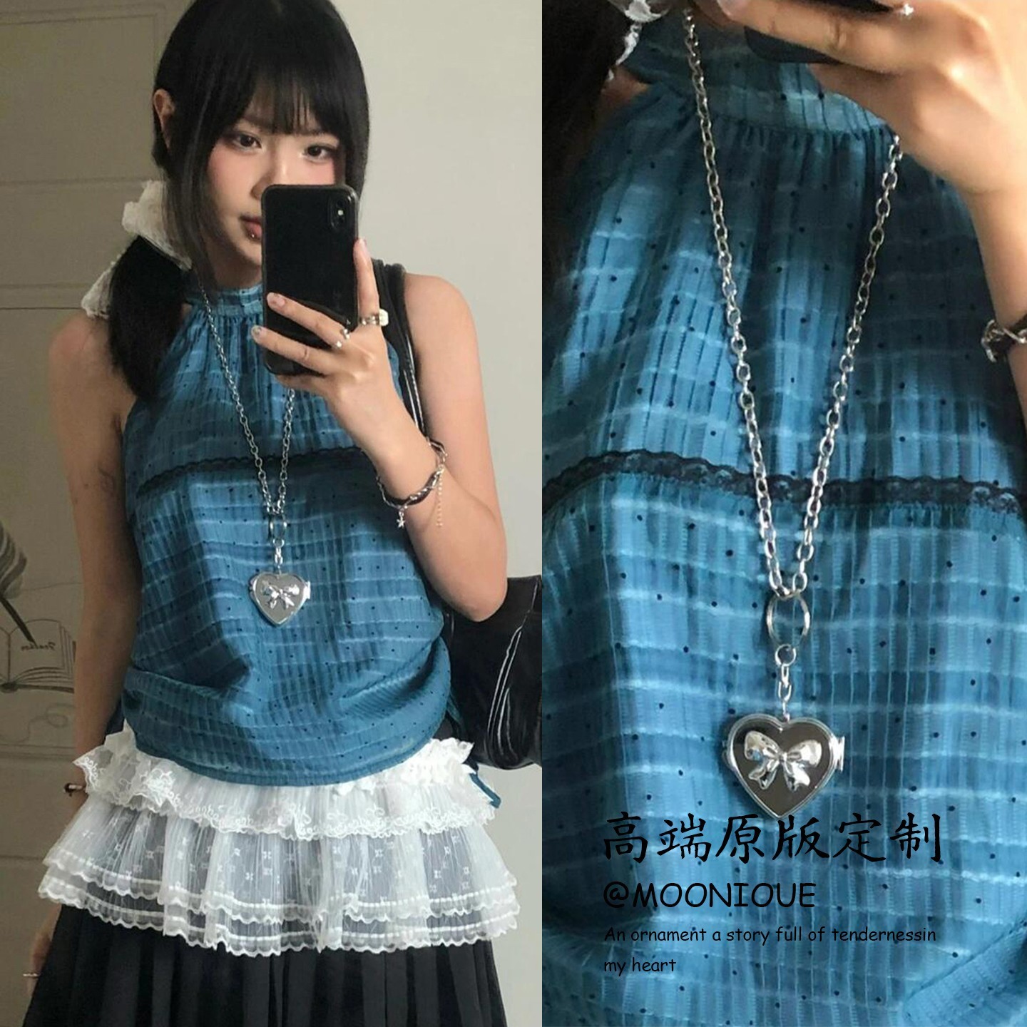 金属爱心项链镜子蝴蝶结吊坠Y2K辣妹小众挂件长款少女毛衣链配饰