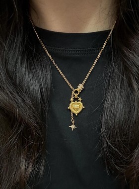 中古vintage金色爱心四芒星吊坠项链轻奢高级感精致显白气质颈链