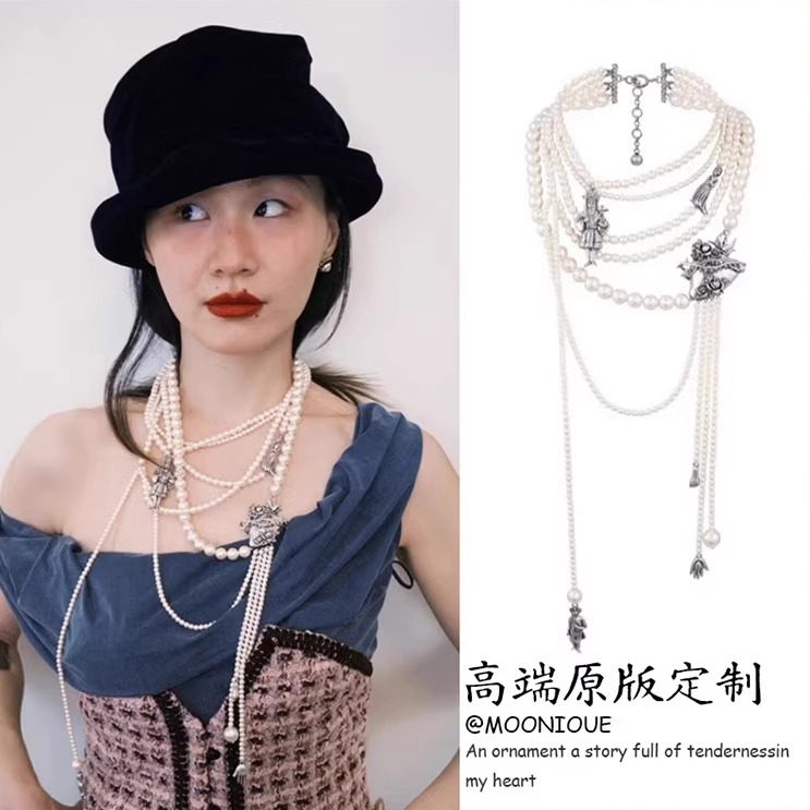 金靖同款多层珍珠项链女轻奢做旧复古小众个性高级感锁骨链颈链配