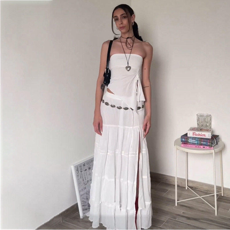 Women's Fashion White Side High Split Skirt Long Style
