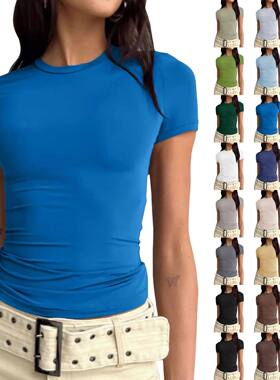 Round neck solid color slim fit top 女士圆领纯色长袖修身上衣