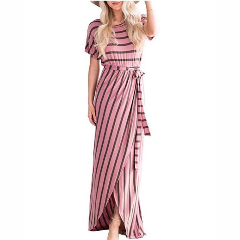 2018夏季新品女装欧洲站修身条纹开叉长裙短袖连衣裙Summer dress