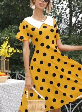 法式复古白色翻领波点圆点印花收腰短袖大摆连衣裙聚会表演娃娃裙