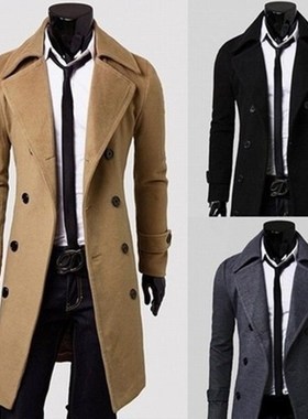 Men's Solid Color Trench Coat Slim Mid-length Double-Breaste
