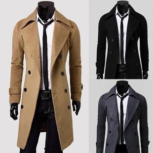 Men's Solid Color Trench Coat Slim Mid-length Double-Breaste